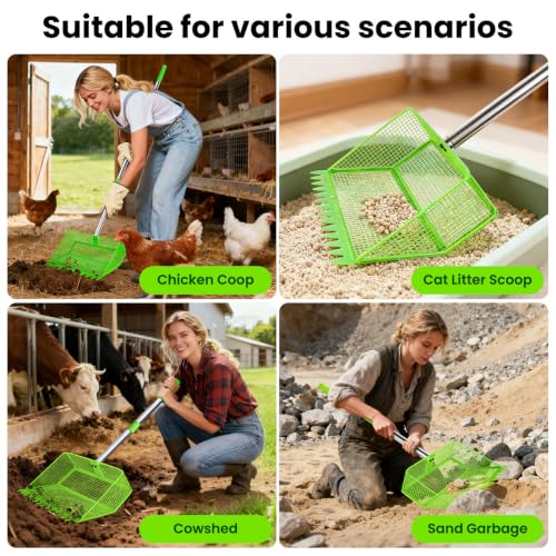 2026 Upgraded 2-in-1 Chicken Poop Scooper & Rake with Handle, 12inch Heavy-Duty Metal Chicken Coop Scoop for Sand Sifting Shovel Litter Scooper for Farm House Chicken Coop Cleaning Tools Accessories - color: Green