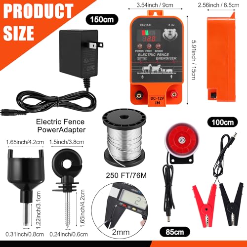 MorningRo 2.5j Electric Fence Charger with Digital Display & Alarm, Ac Dc 2 in 1 Power, 12v Input 8kv/12kv Output, 50 Black Electric Fence Insulator, 1 Socket Tool, 250ft Aluminum Wire Animal Control