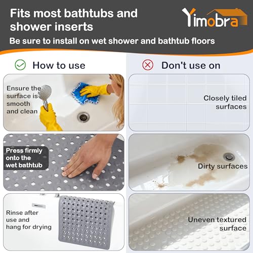Yimobra Bath Tub Mat Non Slip, 34.5"X15.5" Long Shower Mat, Machine Washable Bathmat with Drain Holes and Suction Cups, Soft on Feet, Bathroom Essentials, Grey - color: Grey, size: 34.5 X 15.5 Inch