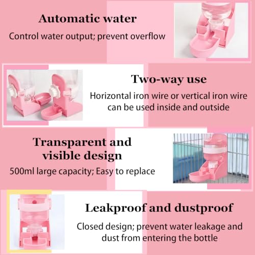 Rabbit Water Bottle Ferret Food Bowl Bunny Water Dispenser Stainless Steel Food Dish Hanging Drinking Fountain Drinker Feeder Crate Bowl for Guinea Pig Chinchilla Hedgehog - color: Pink