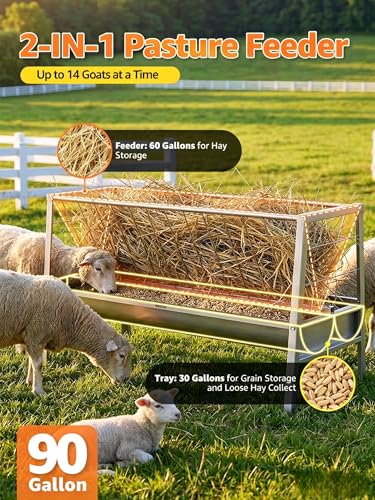 59" L Goat Hay Feeder 90 Gallon Large Capacity, Stainless Steel 2-in-1 Hay & Grain Feeder for Goats, Sheep, Horses | Freestanding Outdoor Farm Livestock Feeder, Easy Assembly