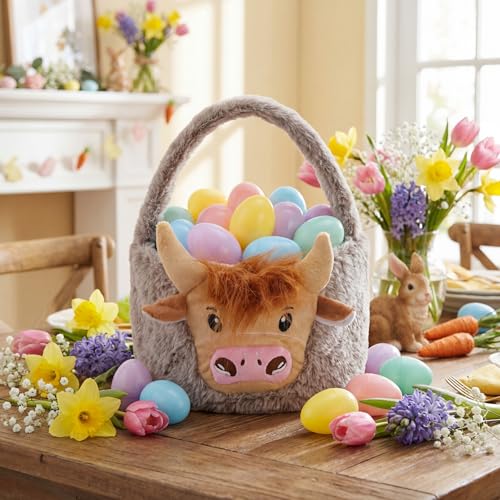 Leinuosen Halloween Trick or Treat Basket Plush Cow Candy Baskets Cute Festivals Gift Bags Buckets for Tote Bags for Decorations Candy Gifts Storage - style: Cow