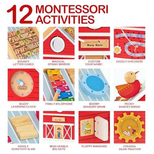 Monläurd® Wooden Activity Cube for Toddlers 1-3, Farm Barn Montessori Busy Board Toy, 12-in-1 Sensory Activity Center for Baby Fine Motor Skills, Large Educational Learning Toy for Boys Girls