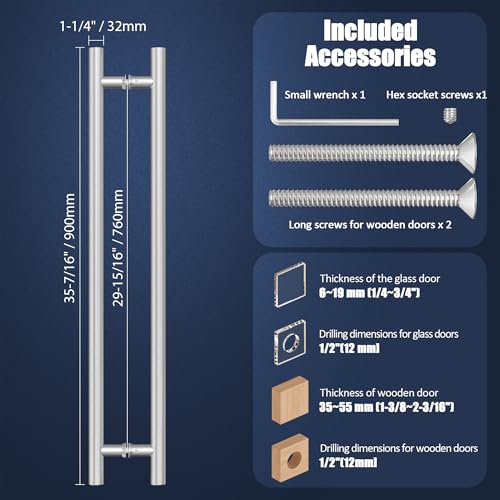 Ranbo 36" Door Pull Handle, 1.2mm 304 Stainless Steel, Brushed Nickel | 29-15/16" Hole Spacing, Fits 1/4"–3/4" Glass Doors and 1-3/8"–2-3/16" Wood Doors, for Entry, Commercial and Storefront Door - size: 36 inches/1.26 inches Cross Section Diameter