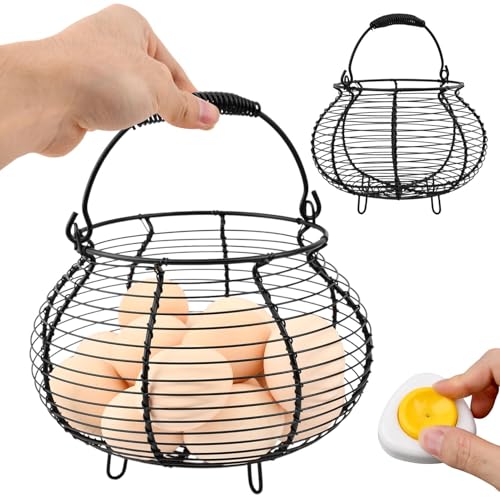 Wire Egg Basket for Gathering Fresh Eggs Holder,Holds About 20 Large Eggs | Retro Handle Egg Gathering Basket,Metal Eggss Holder Countertop,Farmhouse Eggs Storage Container for Farmhouse (Black) - color: Black