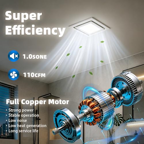 8 * 8" Bathroom Exhaust Fan with Led Lights, 125 CFM Whisper 1.0 sone, 8"x8" Opening, 9.3" Housing Ceiling Vent, Extractor for Ventilation, Garage, Basement, Kitchen - size: 8“ openning with Led