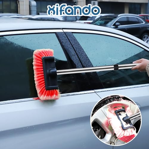 Car Wash Brush with Long Handle – Five-Sided Soft Bristle Brush for Car, Truck, SUV, RV, Boat & House Siding Cleaning(Red) - color: Red