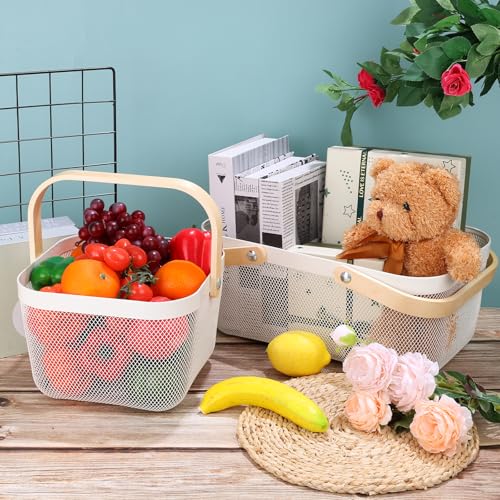2 Pack Garden Harvest Basket, Metal Mesh Wire Picnic Basket with Handle | for Picnic, Vegetable Gathering, Fruit Picking, Kitchen Storage, White, Sturdy, Lightweight, Home Closet, Office, Gift. - color: White