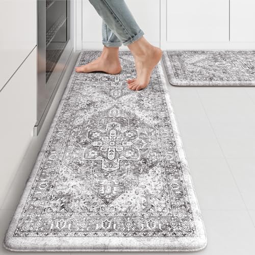 KIMODE Anti Fatigue Kitchen Mats, 2 PCS Cushioned Kitchen Rugs and Mats | Waterproof Kitchen Floor Mats Non Slip, Boho Comfort Foam Standing Mat for Laundry, Office, Sink, Grey Brown 17"x47"+17"x29" - color: Grey/Multi, size: 17.3" x 47"+17.3" x 29"--0.47
