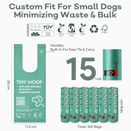 Small Dog Poop Bags, Compostable Plant-Based Waste Bags with Tie Handles, 24 Rolls (360 Count), Leak-Proof, Sized for Chihuahua, Pomeranian, Toy Poodle and Puppies