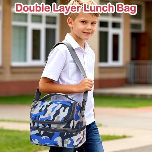 FlowFly Kids Double Decker Cooler Insulated Lunch Bag Large Tote for Boys, Girls, Men, Women, With Adjustable Strap, Blue Camo - color: Blue Camo