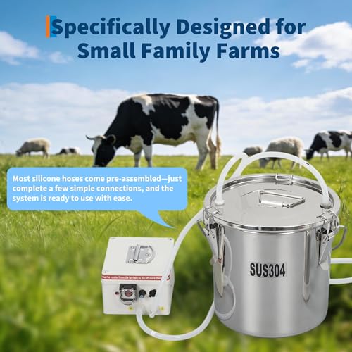 6L Electric Goat Milking Machine, 304 Stainless Steel Bucket, Portable Rechargeable Air Suction Pulsation Vacuum Milker, 4 Safe Grade Silicone Teat Cups, Adjustable Suction for Cows Goats and Sheep