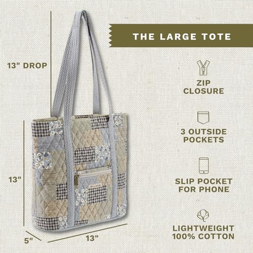 Bella Taylor Large Tote, Quilted Shoulder Bag for Women | Lightweight, 6-pocket large quilted purse, machine washable, zippered top, ultimate organization, durable construction - color: Khaki Patchwork