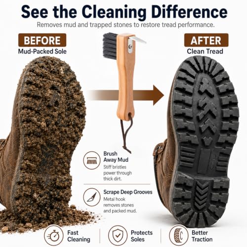 2 Pcs Handheld Shoe Sole Mud Brush with Pick Heavy Duty Stiff Bristles Cleat Scraper Wood Boot Brush for Bottom Mud Remover for Golf Soccer Hiking Boots Farm Outdoor Footwear