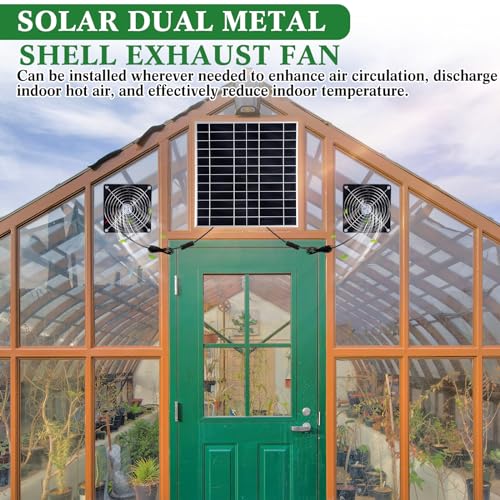 Glooglitter 20w Solar Powered Fan Kit for Chicken Coop IP67 Waterproof Dual Solar Greenhouse Fan 3500 RPM High Speed Exhaust Fan with 10ft Cable for Shed Pet House Window Outside Inside(1 Set)