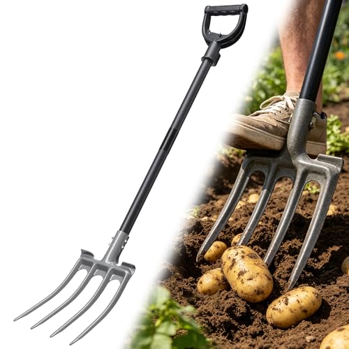 Pitch Fork, Metal Broadfork Garden Tool Long Handle, 4 Tine Mulch Hay Manure Digging Bedding Hay Potato Garden Fork Shovel for Gardening Loosening Soil Compost - size: 45"