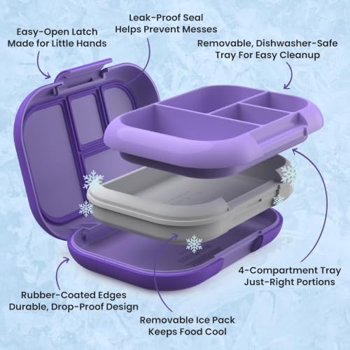 Bentgo Chill Kids 4-Compartment Bento Box Leakproof Lunch Box | Built-In Ice Pack, 3.3 Cup Capacity, BPA-Free, Microwave & Dishwasher Safe Tray, Ideal for Ages 3–7 (Purple) - color: Purple