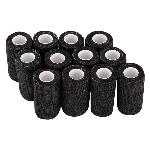 12 Rolls Self Adhesive Bandage Wrap, Cohesive Bandage 4 inches x 5 Yards, Sports Wrap Tape, Also for Horses & Dogs as Breathable Vet Wrap (Black) - color: Black