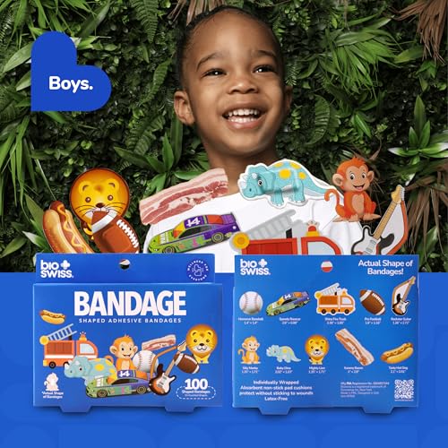 BioSwiss Bandages, Assorted Animal, Fun and Food Shaped Self Adhesive Bandage, Latex Free, Sterile Wound Care, 100 Count - size: 100-Count Box, style: Boys Assorted