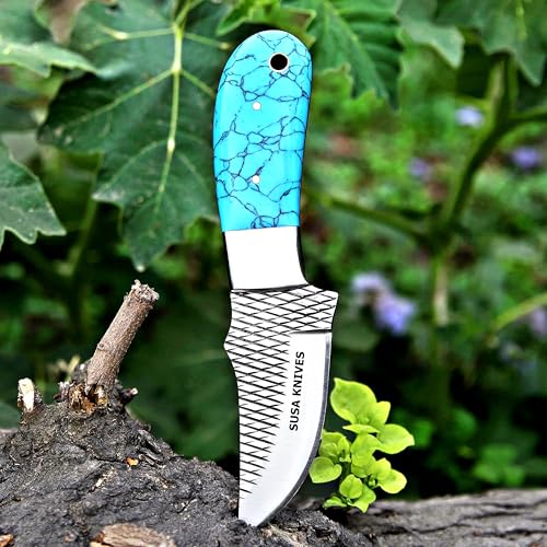 Custom Handmade 7'' fixed blade hoof rasp knife Cow boy knife Bull cutter Cowboy knives with Turquoise Handle pancake leather sheath (Turquoise BLUE) - color: Turquoise BLUE