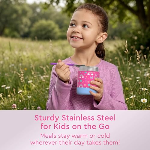 Bentgo Kids Stainless Steel Leak-Proof Food Jar for Hot or Cold Food | 11 fl oz Double Insulated Container with Removable Silicone Bumper, Dishwasher Safe, Easy Open Lid, Ages 3+ (Rainbows) - color: Rainbows and Butterflies