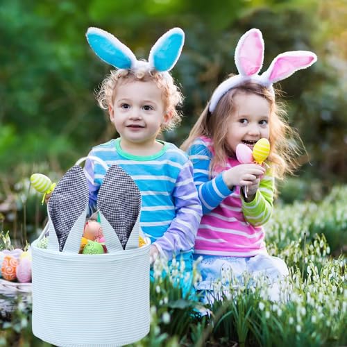 Easter Basket Seersucker Egg Hunt Bunny Baskets for Kids with Cute Rabbit Ears Stripe Storage Gifts Candies Personalized Easter Party Gifts… - color: Seersuck blue2