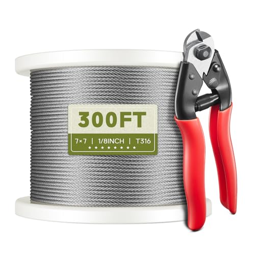 300FT 1/8" Stainless Steel Cable, 7x7 Wire Rope | Marine-Grade T316 SS, High Strength, Flexible for Deck Cable Railing System Kit, DIY Balustrades, Comes with a Cutter - size: 300 ft
