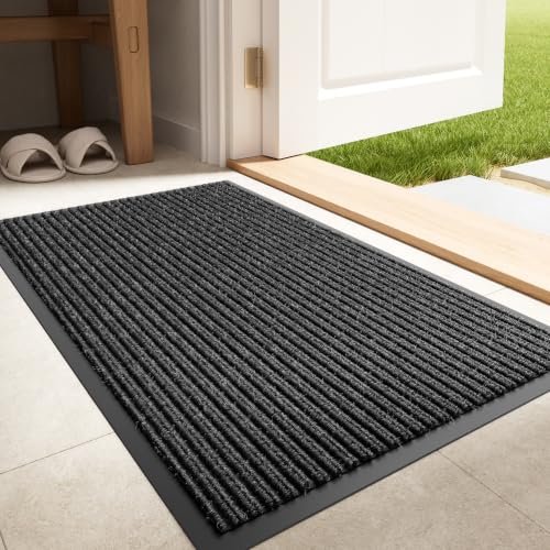 Door Mat Outside Entrance, Non-Slip Heavy Duty Doormat, 29.5”x17” | Black Striped, Trap Dirt & Absorb Moisture, Low Profile, Non-Slip Backing, All Weather, Indoor Outdoor Floor Mat for Entryway - color: Black Striped, size: 1'5" x 2'6"