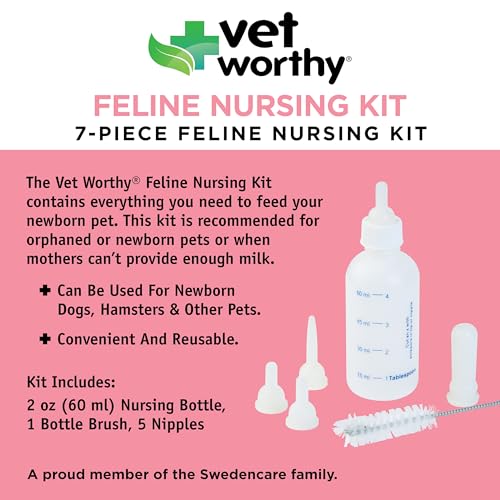 Vet Worthy 7-piece Feline Nursing Kit – 2oz Bottle, 5 Nipples, & Brush | Reusable Newborn Kitten Feeding Bottle – Easy-to-Clean Graduated Nursing Feeder