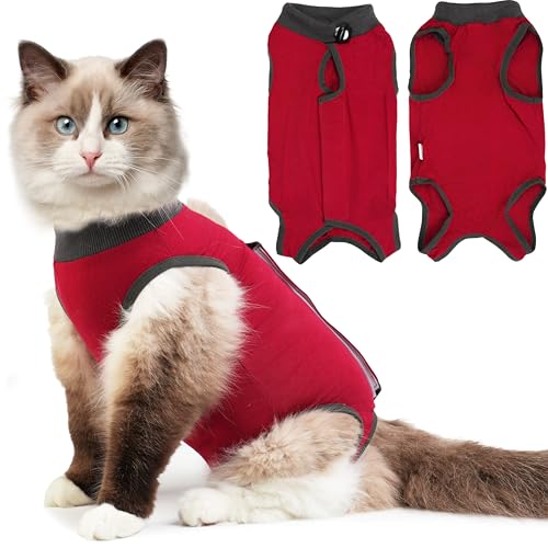 Hpetppy Cat Recovery Suit, Breathable Cat Surgery Recovery Suit Female, Kitten Onesie for After Surgery Spay Surgical Abdominal Wound Skin Diseases Cone of Shame Alternative (Red,S) - color: Red, size: Small