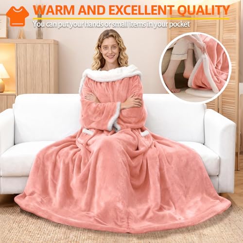 Wearable Heated Blanket With Sleeves & Foot Pocket, Heated Throw Blankets Fast Heating Blanket With 10 Heat Settings Auto Shut Off Over-Heat Protection-Warm Gift, Machine Washable, 52”*72”+18” - color: Pink