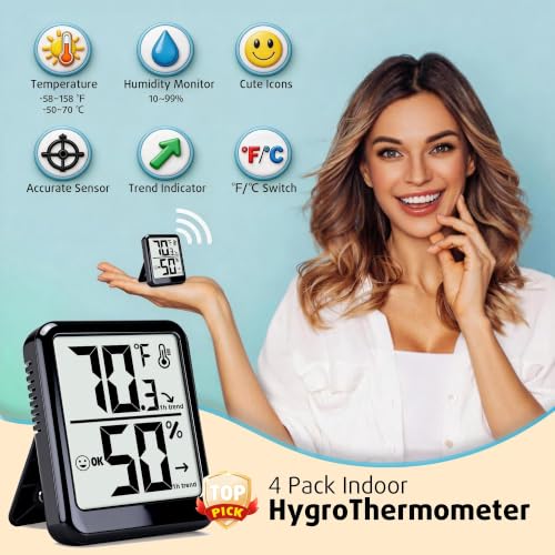 4 Pack Room Thermometer Indoor Hygrometer Humidity Gauge Meter | W/ Battery, Accurate Sensor, Monitor Temperature & Humidity, Fast Read, Easy To View, Durable Kickstand, ℉/℃, Small Size - color: Black - Upgraded Version