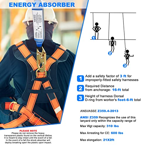 50FT Vertical Lifeline Assembly Fall Protection Rope | With Two Rope Grab Snap Hooks, Shock Absorber，Safety Climbing Equipment Roofing Safety Kit, CE ANSI - size: 50FT