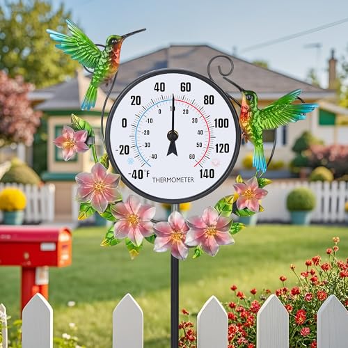 Outdoor Indoor Wall Thermometer with Hummingbird Metal Stake Outside Waterproof Decorative Temperature for Lawn Yard Pathway Patio No Batteries Required