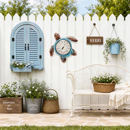 Outdoor Thermometer, Turtle Outside Decor for Patio Pool Garden | No Battery Needed Wall Mounted Wall Art Beach Gifts Waterproof