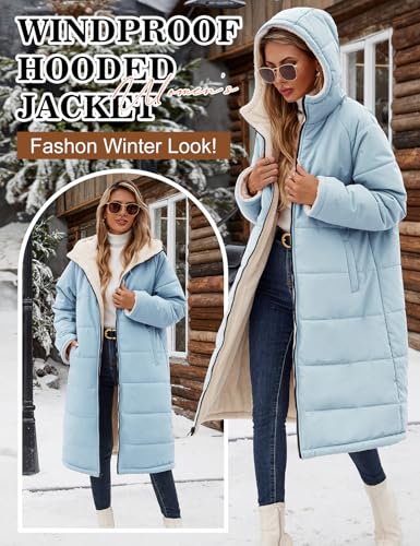 Women Winter Coats Fleece Long Coats Jackets Oversized Warm Down Jacket with Hood - color: Blue, size: XX-Large