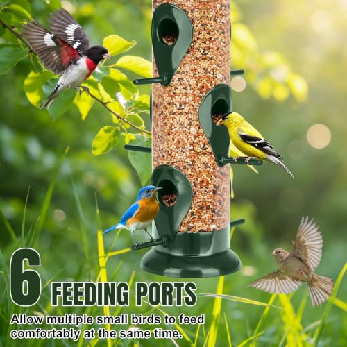 Metal Bird Feeder- 6 Port Tube Feeder for Outdoors with Metal Lid, Easy Fill & Clean, Weather Resistant, 13 Inch