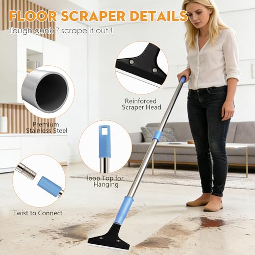 4-Inch Razor Blade Floor Scraper, Long Handle Heavy Duty 37-51.5 Inch | Adjustable Razor Scraper for Cleaning Windows, Glass,Shower,Gum,Tile,10 Extra Blades - size: 51.5in