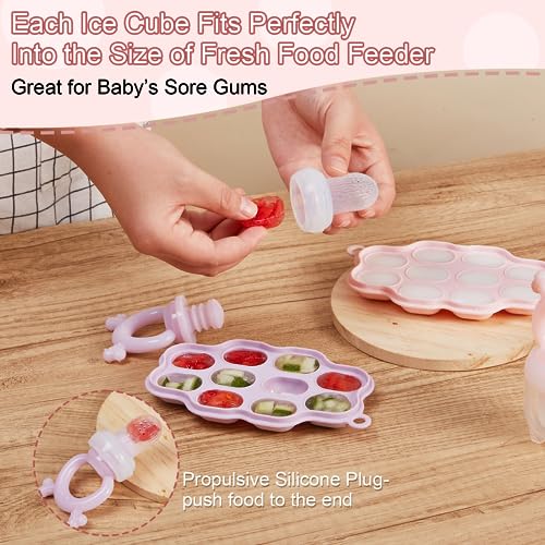 Breastmilk Popsicle Molds & Baby Fruit Feeder Teether (2 Set) | Teething Gum Relief, Freezer Tray with Lid, for Pureed Vegetables, BPA Free Silicone, Safe Self-feeding, Easy Fill, 4 Month+ - color: Pink / Purple