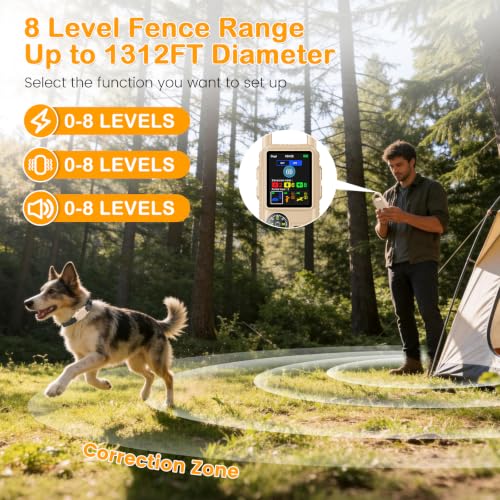 4-in-1 Wireless Dog Fence System for Medium Large Dogs, Remote Training | Invisible Electric Dog Fence for Stubborn Dogs, 3300FT Range, IPX7 Waterproof, Real-Time Display, Indoor & Outdoor Use, Khaki