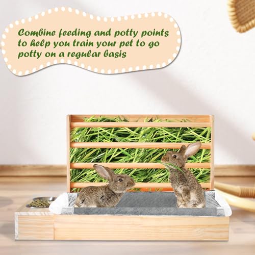 Rabbit Hay Feeder with Litter Box, 3 in 1 Wooden Bunny Feeder, Small Animal Hay Holder Rack for Rabbit, Guinea Pig, Hamster, Ferrets
