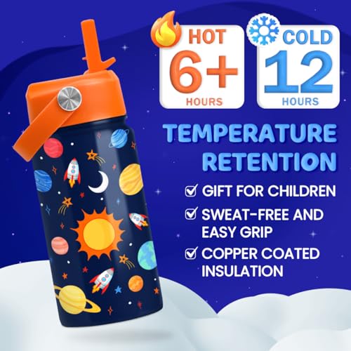 SANDJEST Space Water Bottle - Kids Water Bottle with Straw Lid - 12 Oz Insulated Stainless Steel Water Bottles for Kid Boys Girls - Travel Cup for School Sports - color: Outer Space
