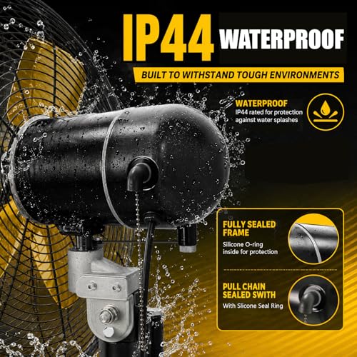 HiCFM 24” Outdoor Commercial Oscillation Wall Fan, 8300 CFM IP44 Waterproof, 3 Speed Heavy Duty Metal Wall Mounted Fan Adjustable Tilt for Patio, Warehouse, Garage, Factory