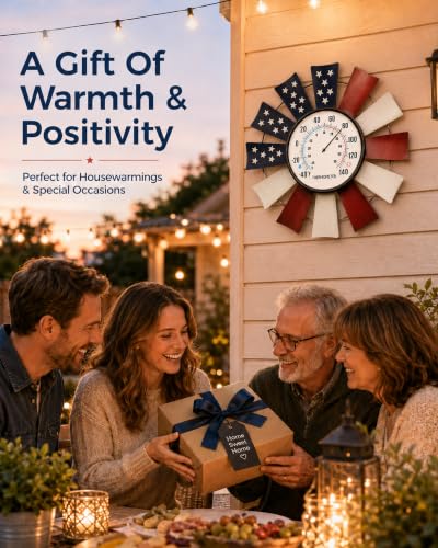 Patriotic Windmill Outdoor Thermometer, 13" Metal Wall Decor | 6.3" Easy-Read Dial, Auto-Calibrating Sensor Coil, Battery-Free Operation, -40°F to 140°F Range, Weather-Resistant