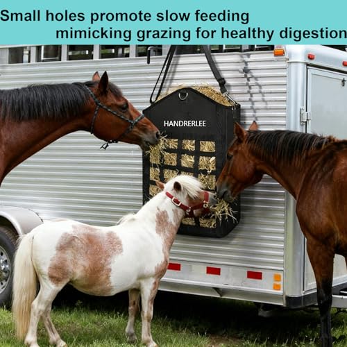 Hay Bags for Horses, 2PCS Slow Feed Hay Bags for Goats, Sheep, Donkey, Two-Sided Premium Oxford Hay Feed Bags and High Strength Metal Clasp, Easy to Hang with Adjustable Strap(Black, Large 2 Pack) - size: 2PCS