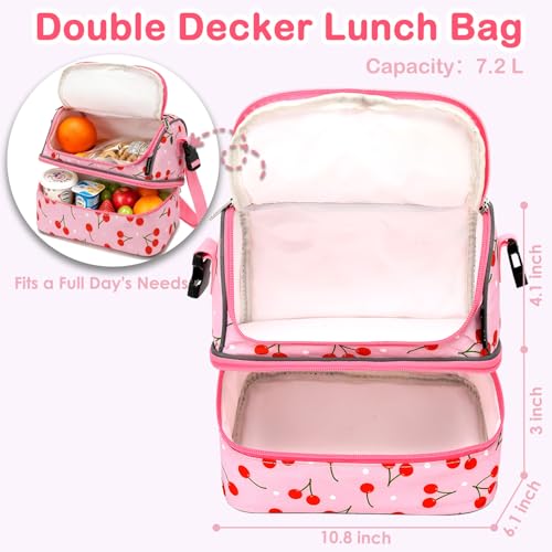 FlowFly Kids Double Decker Cooler Insulated Lunch Bag Large Tote for Boys, Girls, Men, Women, With Adjustable Strap, Cherry - color: Cherry