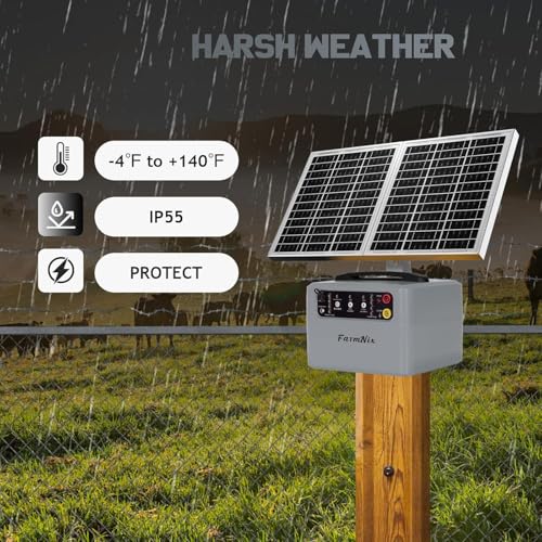 15W Solar Fence Charger, 6-12KV Adjustable Output 1.5J, 30 Miles | 24H Continuous Solar Powered Electric Fence Kit for Livestock, Predator Protection, Gardens, Orchards, Dogs, Pets, Poultry