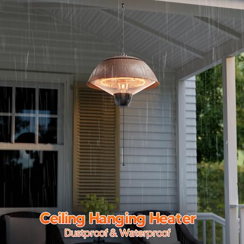 Electric Outdoor Heater, 1500W, Brown | Hanging Ceiling Mounted, Infrared Patio Heater, Waterproof, For Porch, Balcony, Garage, Adjustable Height - color: Brown