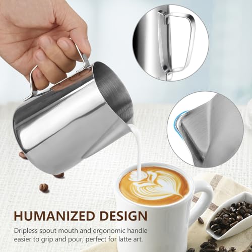 HOOMIL Milk Frothing Pitcher, 12oz/20oz/32oz 304 Stainless Steel | Steaming Pitcher with Clear Scale, Barista Milk Frother Cup Jug for Espresso Machine Coffee Cappuccino Latte Art - 32oz - color: Silver, size: 32 Ounces