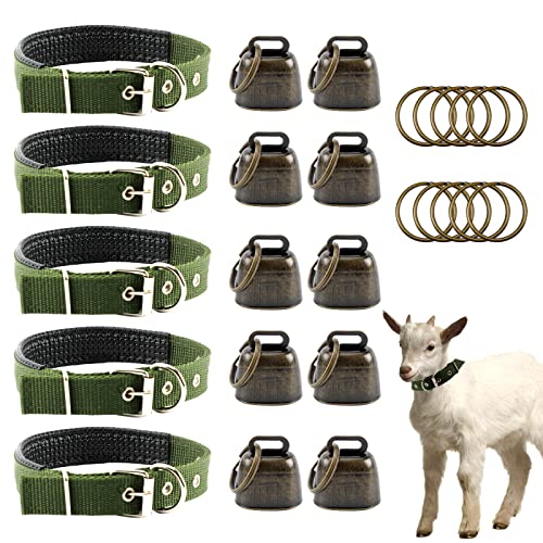 Goat Collars with Bells, 5 Pcs Adjustable Nylon Sheep Collar with 10 Pcs Anti-Lost Loud Brass Bell and Key Ring Baby Goat Supplies Accessories for Farm Animal Goat Sheep Cow Horse Dog